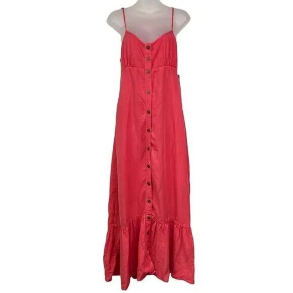 NWT FREE PEOPLE RED PINK BUTTON DOWN OPEN BACK CHAMBRAY MAXI DRESS SMALL - Picture 1 of 13